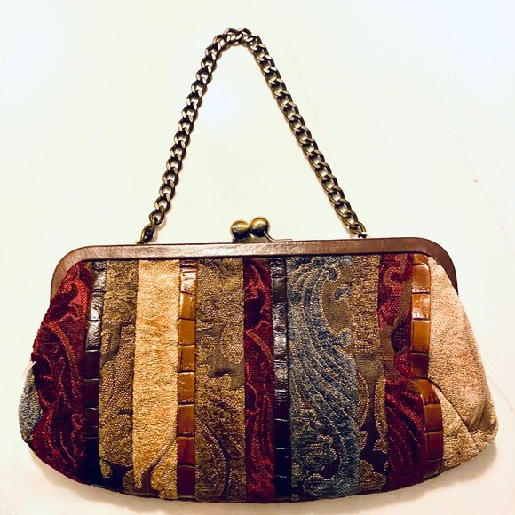 Fossil Boucle Tapestry HandBag Brass Chain Strap Kiss Lock Croc Embossed Trim - Picture 8 of 8